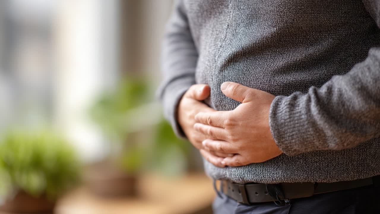 A Close-Up Perspective on Digestive Discomfort: An Individual Holding Their Stomach, Reflecting Symptoms Commonly Associated with Indigestion or Bloating