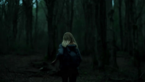 woman walking into a dark and foggy forest