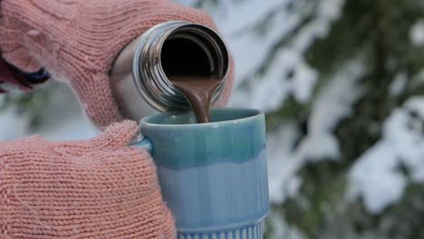 pouring hot chocolate into cup in winter forest, hot cocoa mug thermos winter