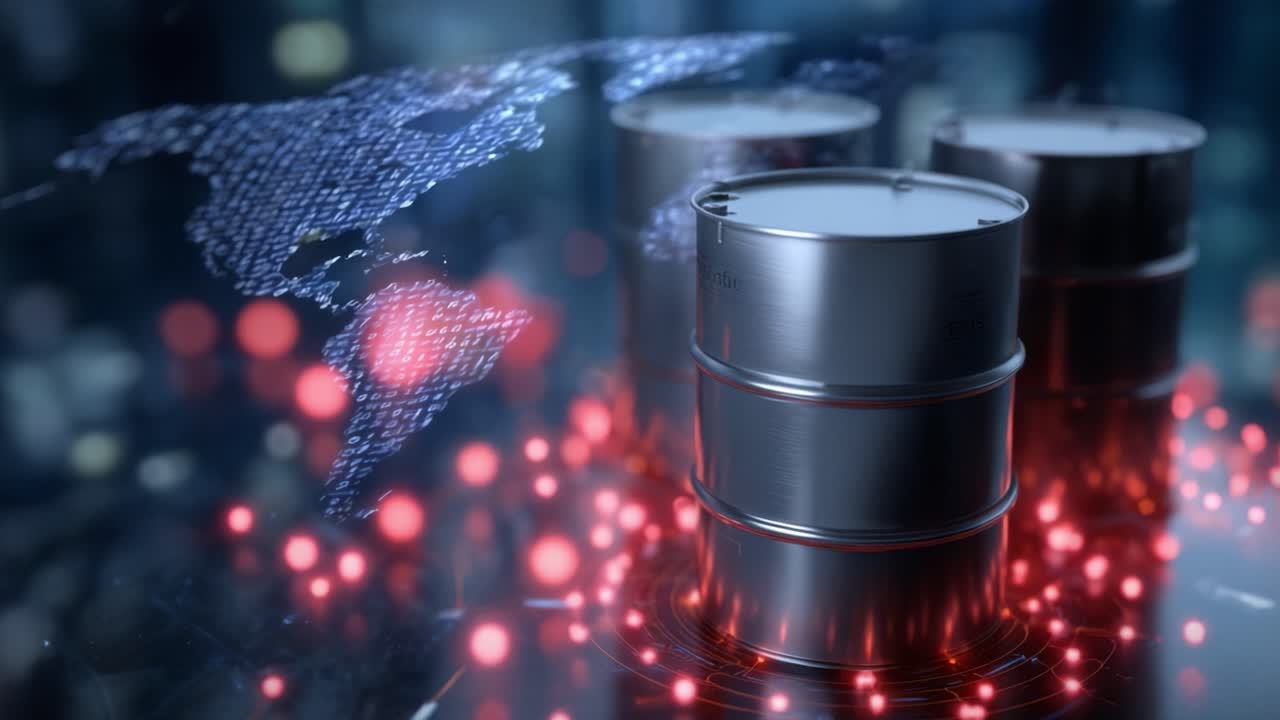 Digitale Animation zeigt rot leuchtende Ölfässer auf dunkler Oberfläche. Eine schwache Weltkarte schwebt dahinter. Rote Lichter pulsieren um die Fässer. Keine Personen sichtbar. Das Filmmaterial eignet sich für Energie, Industrie.
