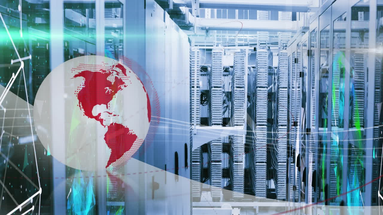 globo rojo girando sobre una sala de servidores con pantallas que muestran coloridas redes de conexiones