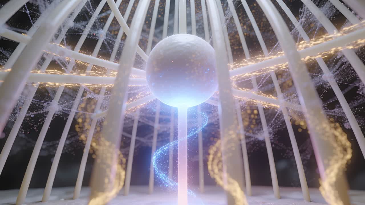 Globo che si attiva tramite luci perimetrali, con un'elica ascendente che diffonde nastri dorati in una gabbia tecnologica che ricarica il nucleo
