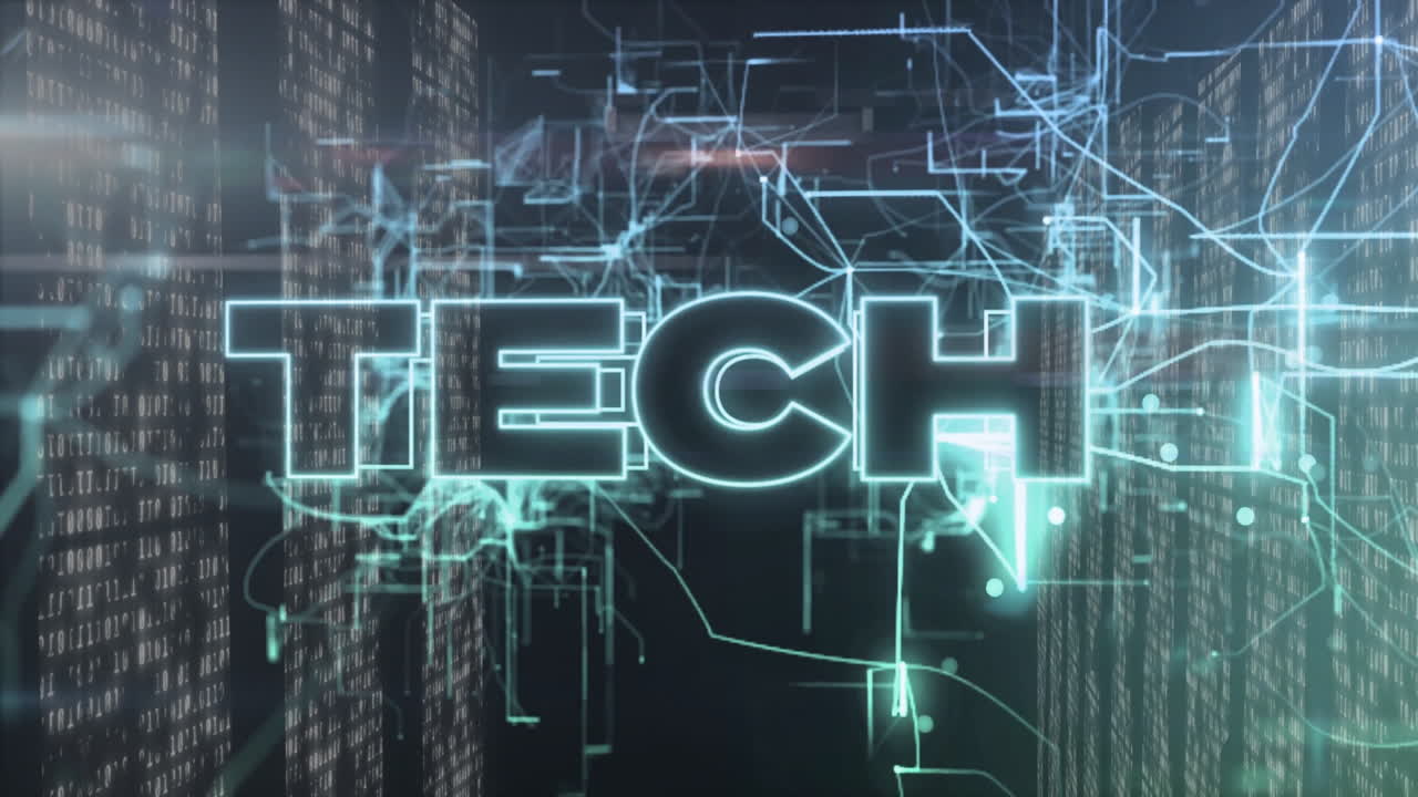 Glowing neon TECH animation over digital network and binary code background