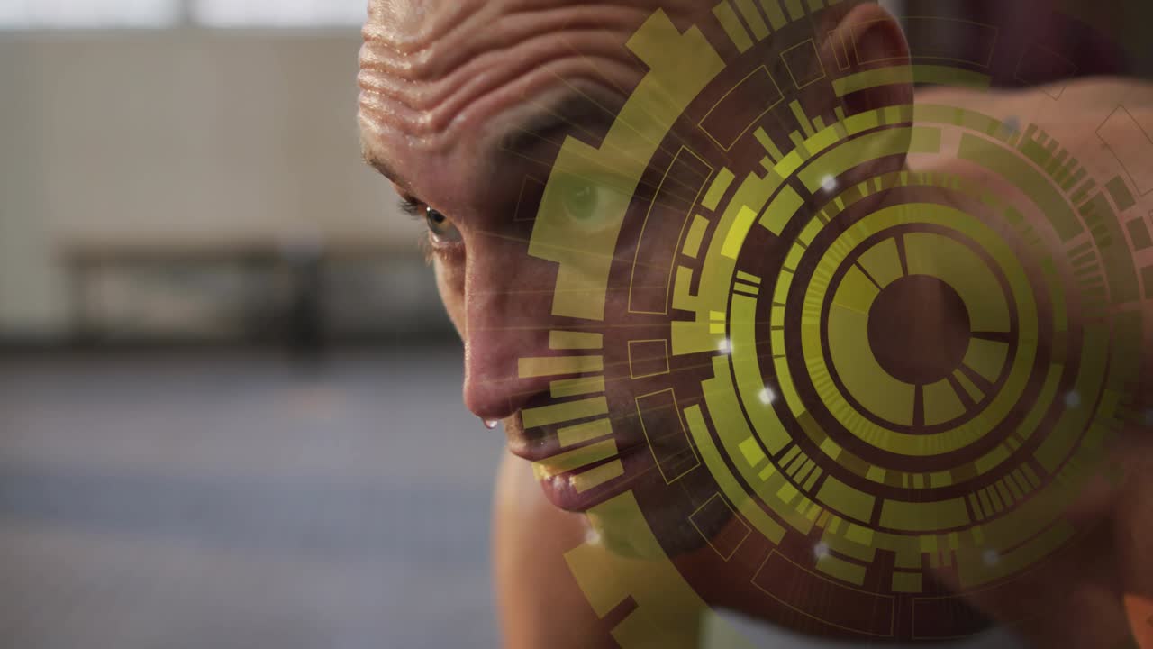 Man planking in fitness gym breathing lifting head checking form HUD framing right side pulsing