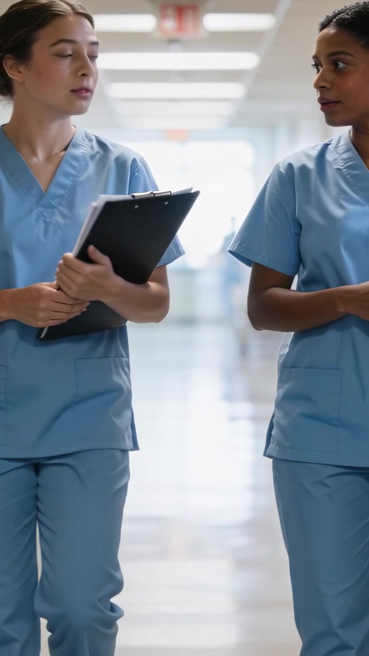 Vertical video: Walking nurses in blue scrubs reading black clipboard, discussing care in corridor