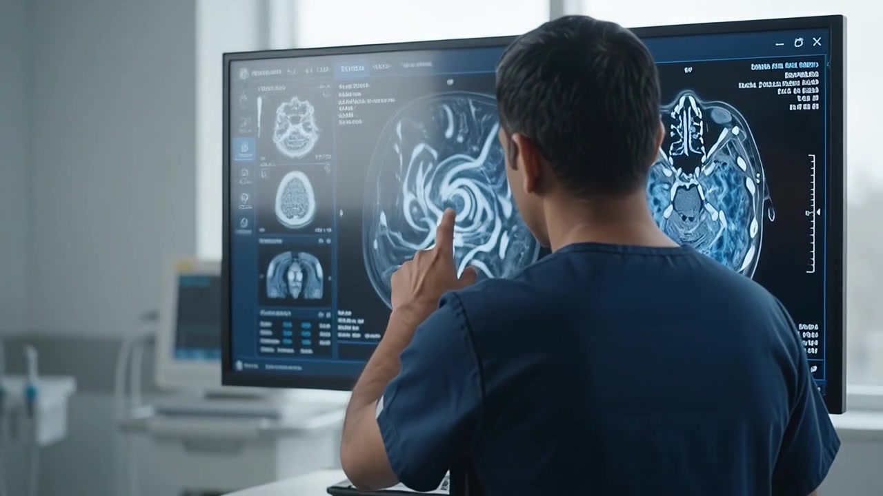 Medico che esamina una risonanza magnetica cerebrale su un grande monitor in ospedale