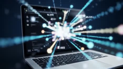 dynamic digital display: a laptop showcasing vibrant data visualization with energetic lines and dots illustrating trends and insights in a modern tech environment