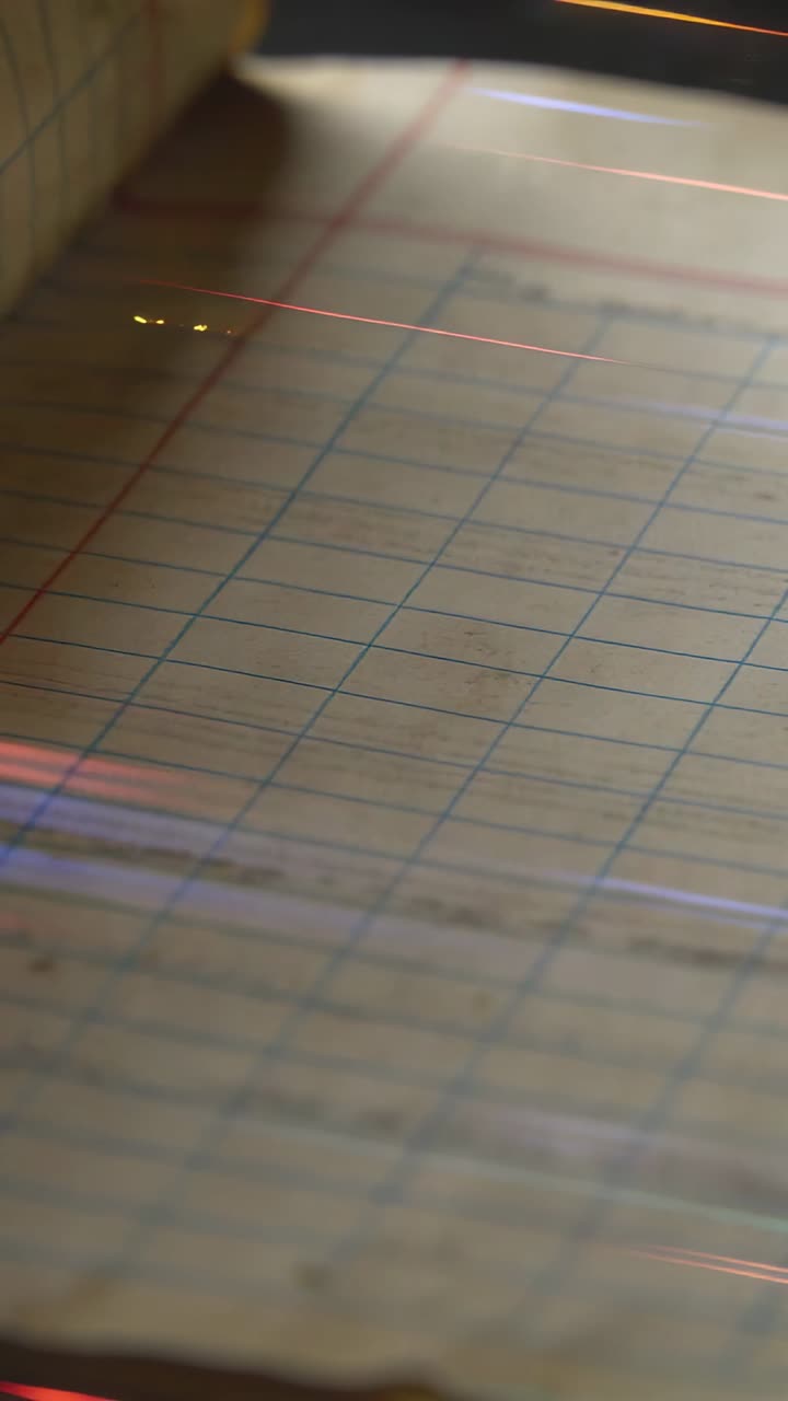 Vertical video: Tilting camera revealing ledger pad on desk, showing shifting streaks and blue grid