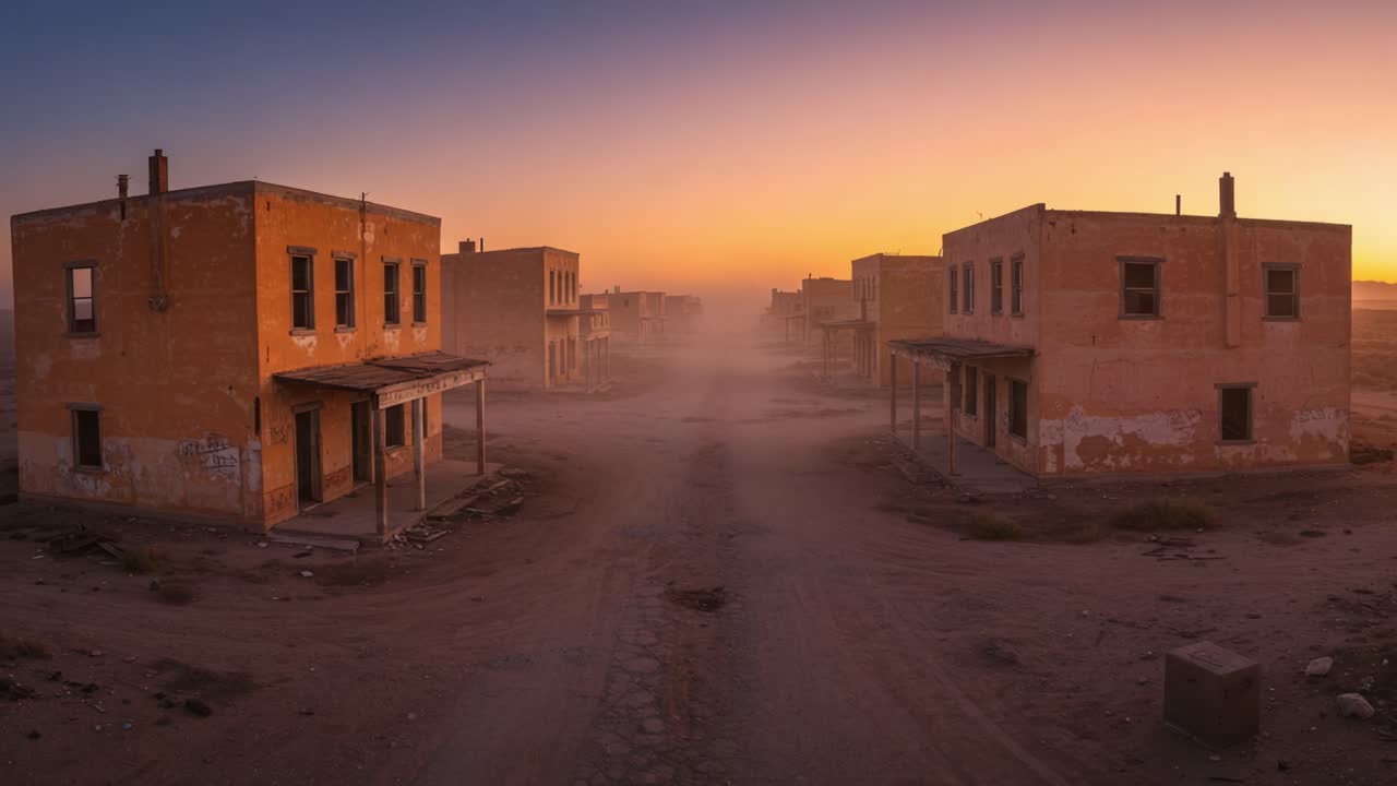 Città fantasma mistica e polverosa al crepuscolo: una vista accattivante di edifici abbandonati avvolti in un'atmosfera nebbiosa mentre la luce del giorno svanisce.