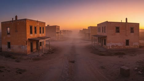 mystical dusty ghost town at dusk: a captivating view of abandoned buildings enveloped in misty atmosphere as daylight fades