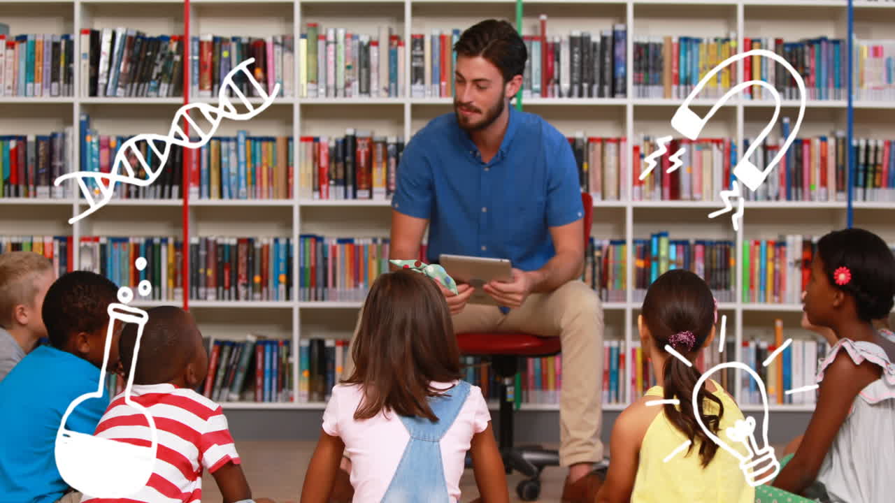 los iconos del concepto de la ciencia contra los maestros varones que enseñan a los estudiantes