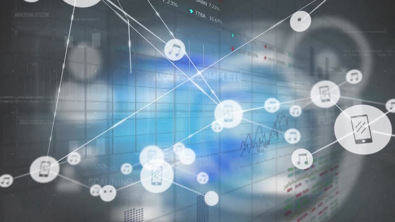 파란색 배경에 대한 증권 시장 데이터 처리에 대한 디지털 아이콘 네트워크의 애니메이션