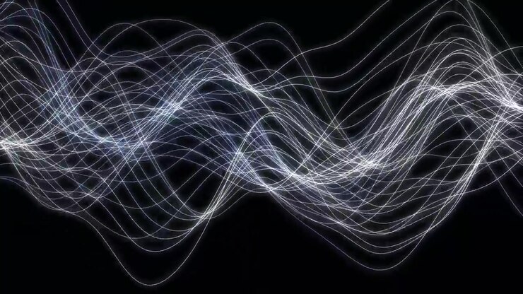 Nastri di luce ondulati bianchi e blu luminosi che ondeggiano dolcemente su uno sfondo scuro in movimento