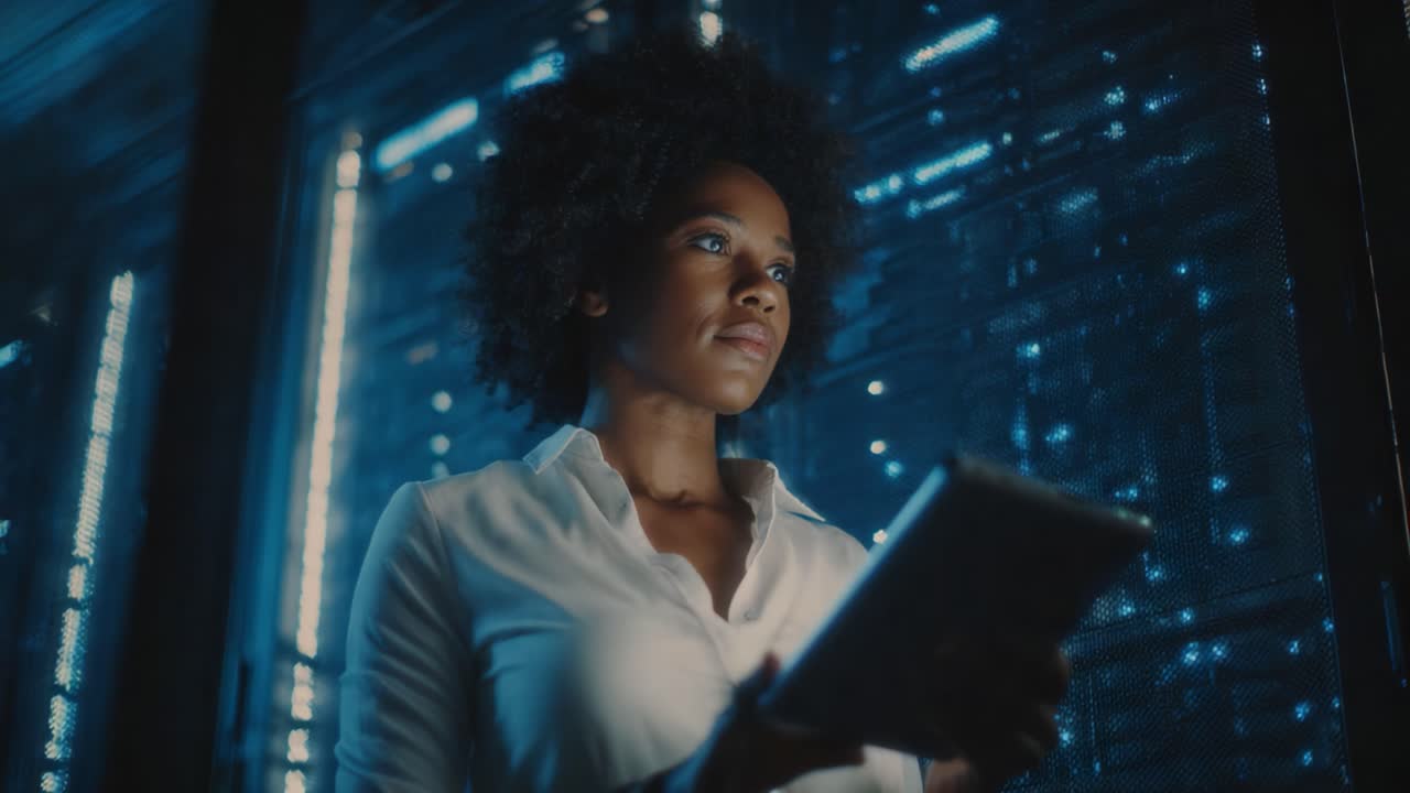 A contemplative woman stands against a backdrop of glowing technology, holding a tablet, reflecting on the digital age and its impact on modern life