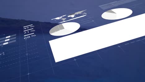 animation of statistical data processing against landscape with mountains and sea