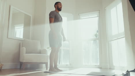 relax, yoga and stretching with man in living room