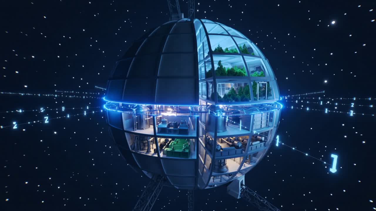 Camera starting orbit revealing spherical habitat in starfield, revealing greenhouse and blue ring