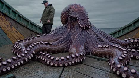 giant octopus on a fishing boat