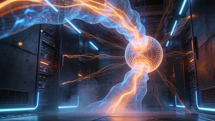 Globo di energia a rete pulsante che collega un nastro intrecciato blu-arancione vicino ai rack dei server, emettendo scintille e nebbia