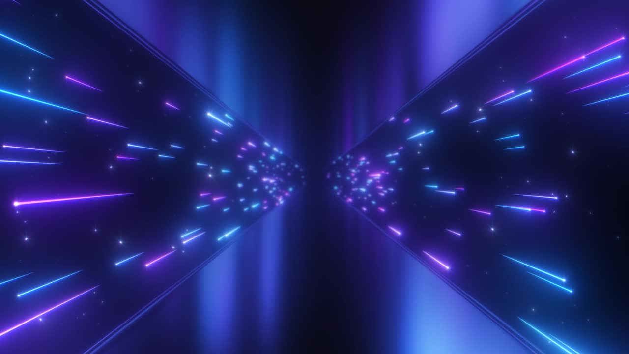 comete stellari che brillano al neon volano alla velocità della luce in un tunnel riflettente - animazione di sfondo di movimento a ciclo senza soluzione di continuità 4k