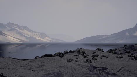 Winter-landscape-with-snow-covered-rocks-at-Arctic-Ocean