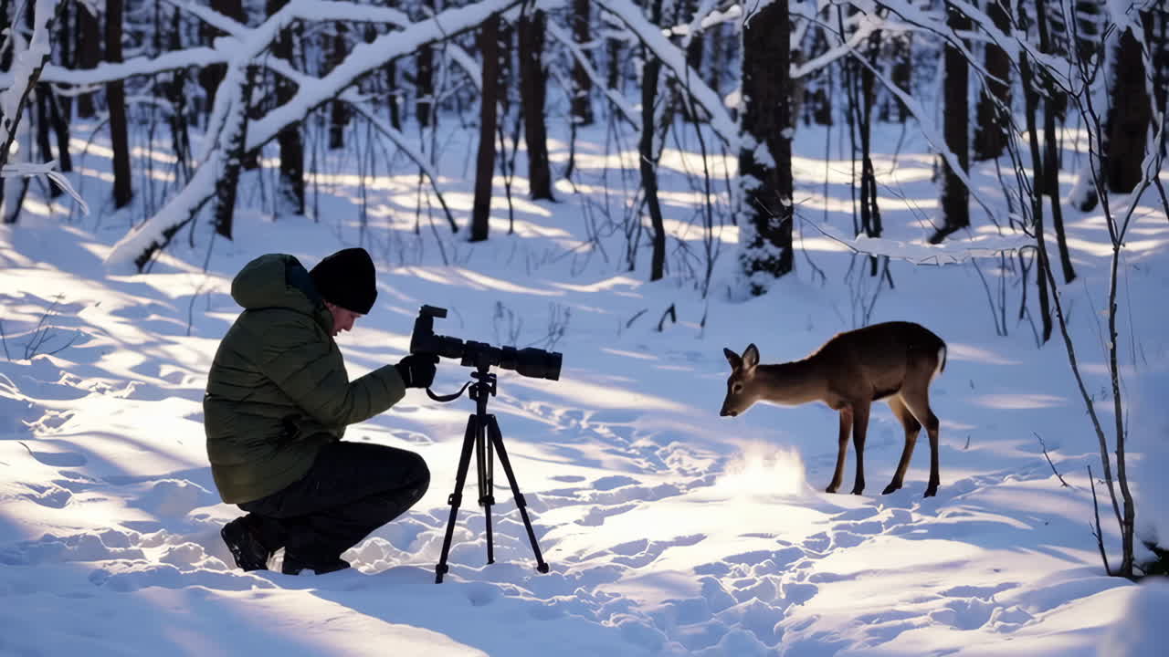 Photographer taking pictures of a deer in a snowy forest