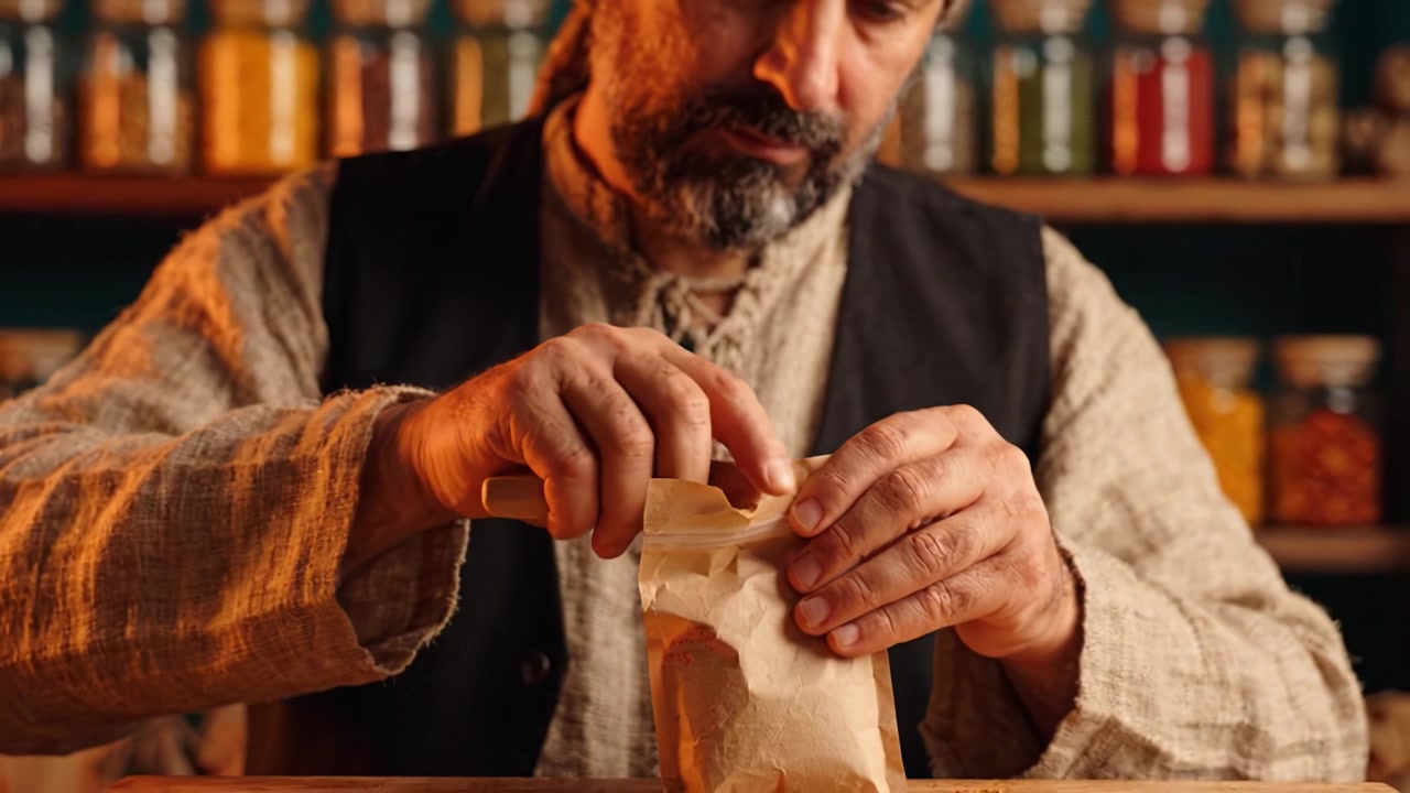 Un abile artigiano che sigilla con cura un pacchetto di carta marrone in un laboratorio rustico, circondato da barattoli colorati di spezie e ingredienti, evocando un'atmosfera artigianale d'altri tempi.