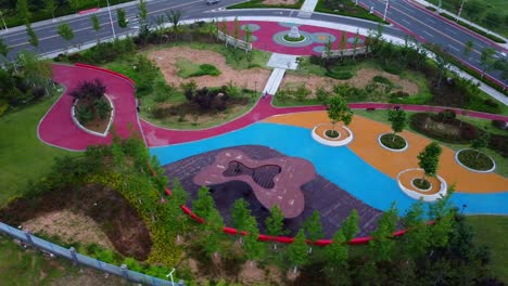 orbit shot of colorful roadside park drifting