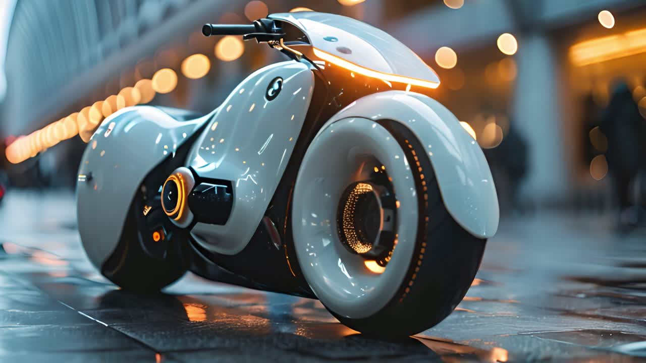 Futuristic Concept Motorcycle on a Wet Urban Street