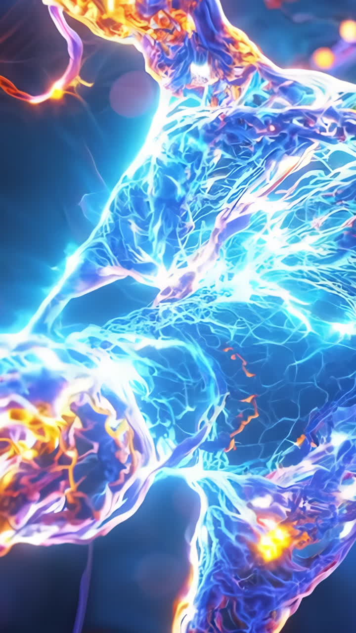 A blue and red nerve cell with a purple stem. The cell is glowing and he is alive