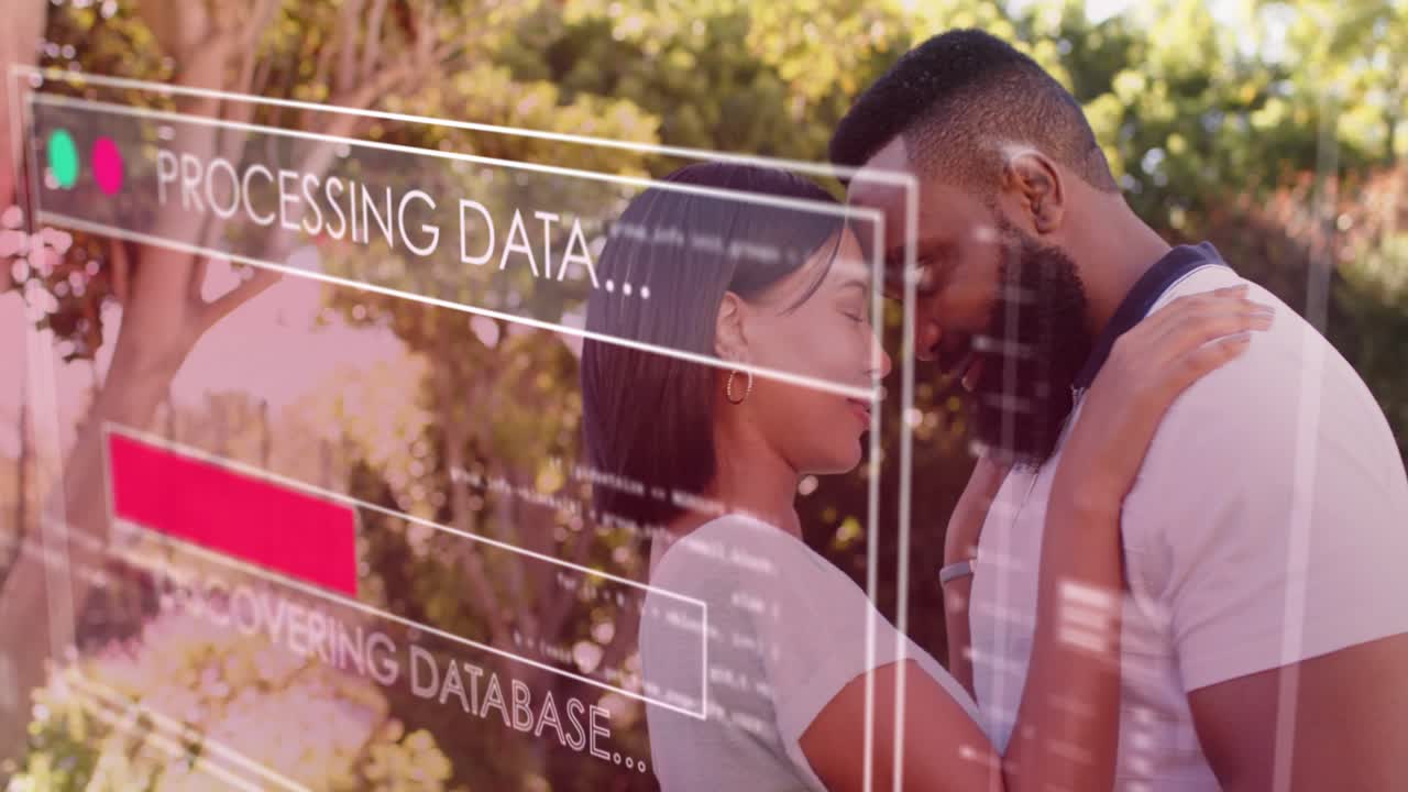 Couple embracing in yard while tech HUD processing over them, bars filling, fading, couple smiling