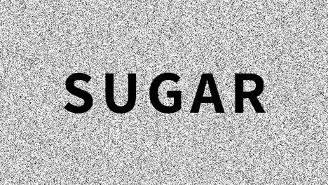 sugar salt lactose fat gluten gmo. series of words about food problem on noisy old screen. looping vhs interference