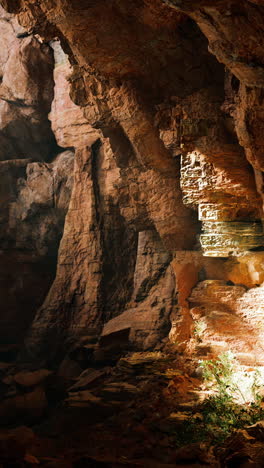 exploring a dark, cavernous cave with a single ray of light shining through the opening