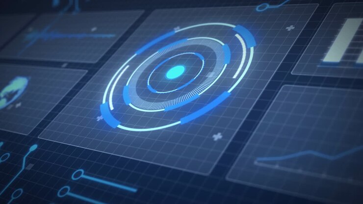 Animation af databehandling og skop-scanning på skærme over et gitter