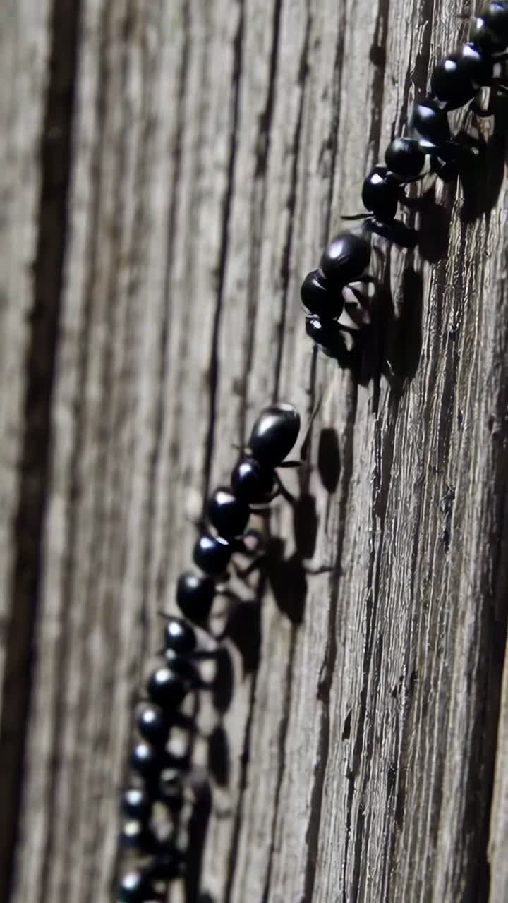 Ants marching on a wooden plank