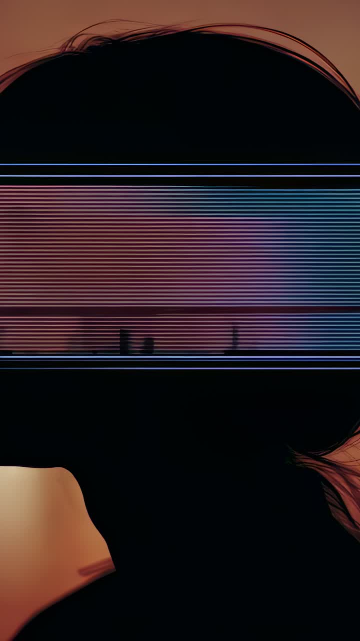 Vertical video: Glitching scanline crossing silhouetted head with bun in backlit set, revealing rim