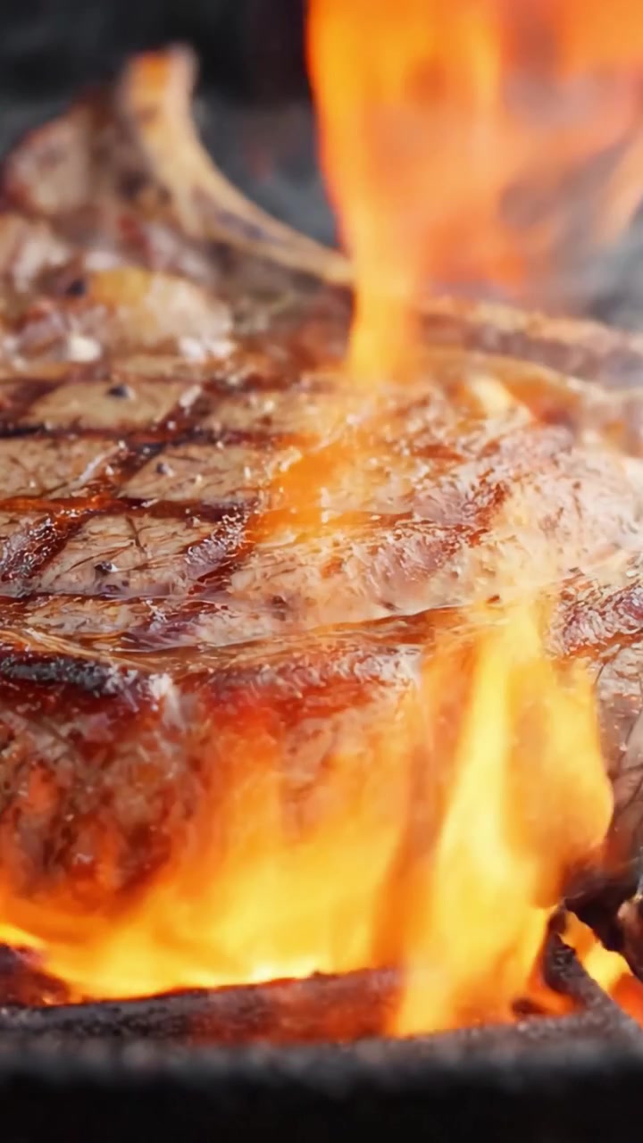 Sizzling Steak Cooking to Perfection: A Juicy Beauty Grilled Over Flames, Showcasing Expert Grill Marks and Mouthwatering Juiciness in Every Tender Bite