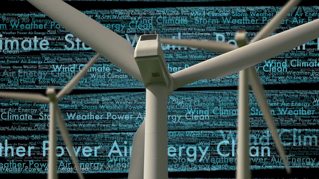 Composite clip of wind mill with digital generated background animation