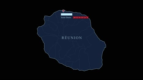 isla de la reunión mapa azul con la prefectura de saint-denis ciudad y coordenadas geográficas en fondo negro
