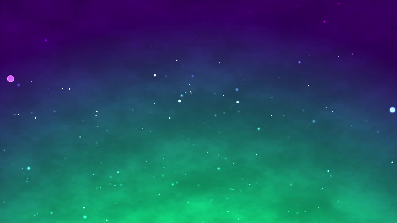Glowing white particles float upwards through an abstract background of green, turquoise, and blue colored smoke. An atmospheric and versatile motion graphic