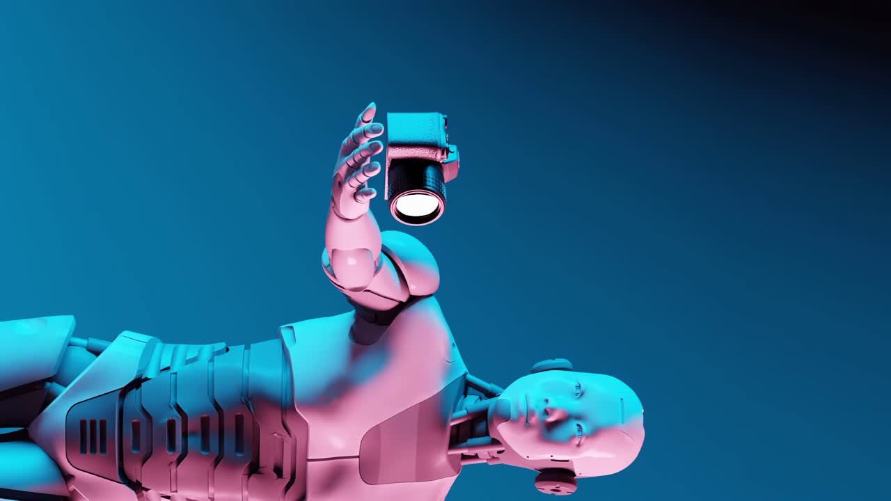 robot 3d sosteniendo una cámara sin espejo, cámara sin espejo flotando y girando, iluminación cinemática naranja y azul azul, renderización 3d, vertical