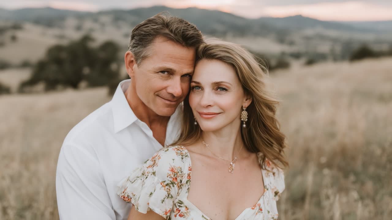 Um Casal Romântico se Abraçando em um Prado Sereno ao Pôr do Sol, Capturando Amor e Conexão em Meio ao Esplendor da Natureza