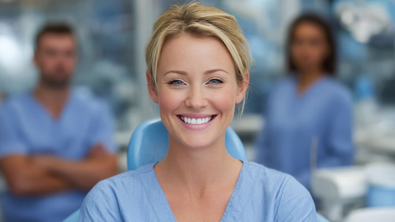 Lächelnder Zahnmediziner in Arbeitskleidung mit Kollegen im Hintergrund, strahlend vor Zuversicht und Positivität in einer modernen Klinik-/Praxisumgebung.