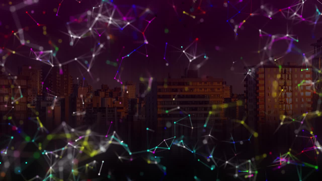 Network of connections against cityscape