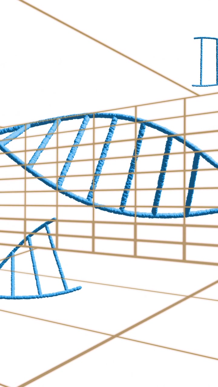 Animazione di filamenti di DNA blu che fluttuano su linee a griglia in un contesto scientifico