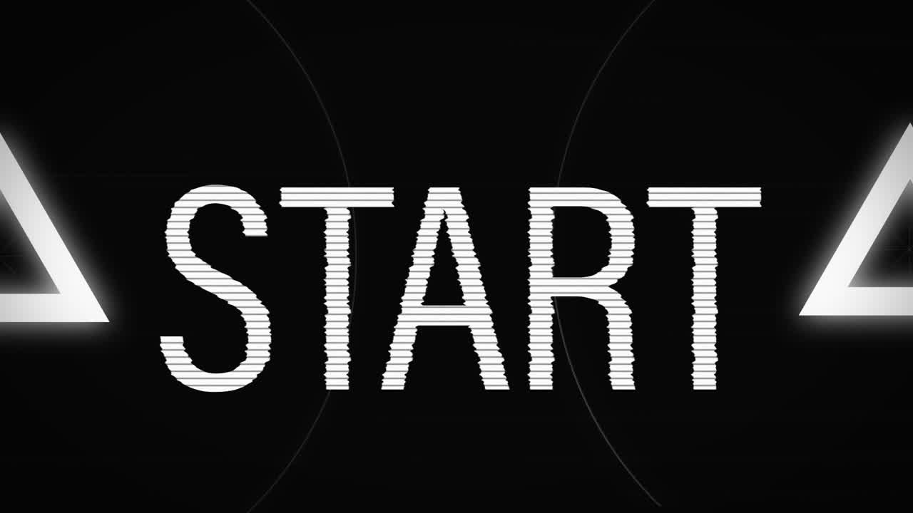 Animation of start text in white over pulsing circles and triangles pn black background