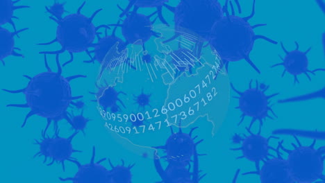 animation of covid 19 cells over globe with numbers and connections