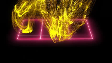 yellow particle waves animation over neon pink geometric shapes on black background