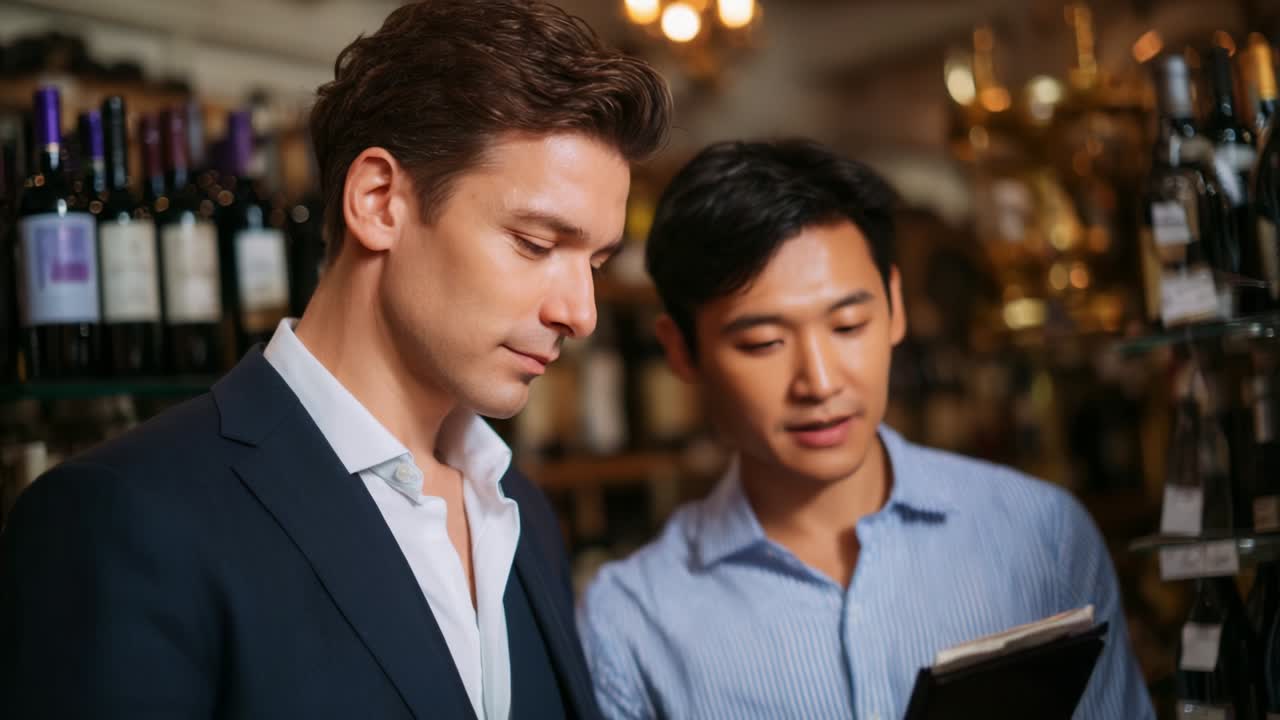 Two Men Engaged in Conversation While Shopping for Wine in a Boutique Store, Experiencing a Moment of Discovery and Connection over Wine Selection and Quality
