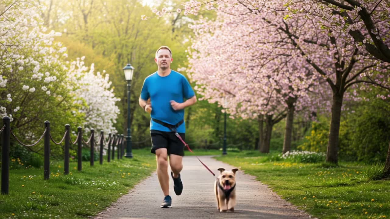 A Man Jogging with His Dog Among Blooming Trees in a Lush Park Setting, Embracing Nature and Fitness in Springtime's Abundant Beauty